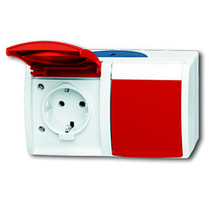 ABB BJE Ocean Розетка SCHUKO 16А 250В IP44, c красной крышкой, серый/сине-зелёный в Москве