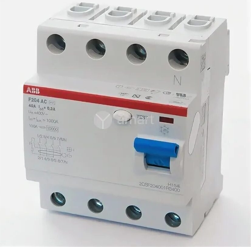 ABB F204 AC-25/0,03 УЗО 4-x полюсное 25А 30 мA тип АC 10кА 230/400В 2CSF204001R1250 Электромеханические в Москве